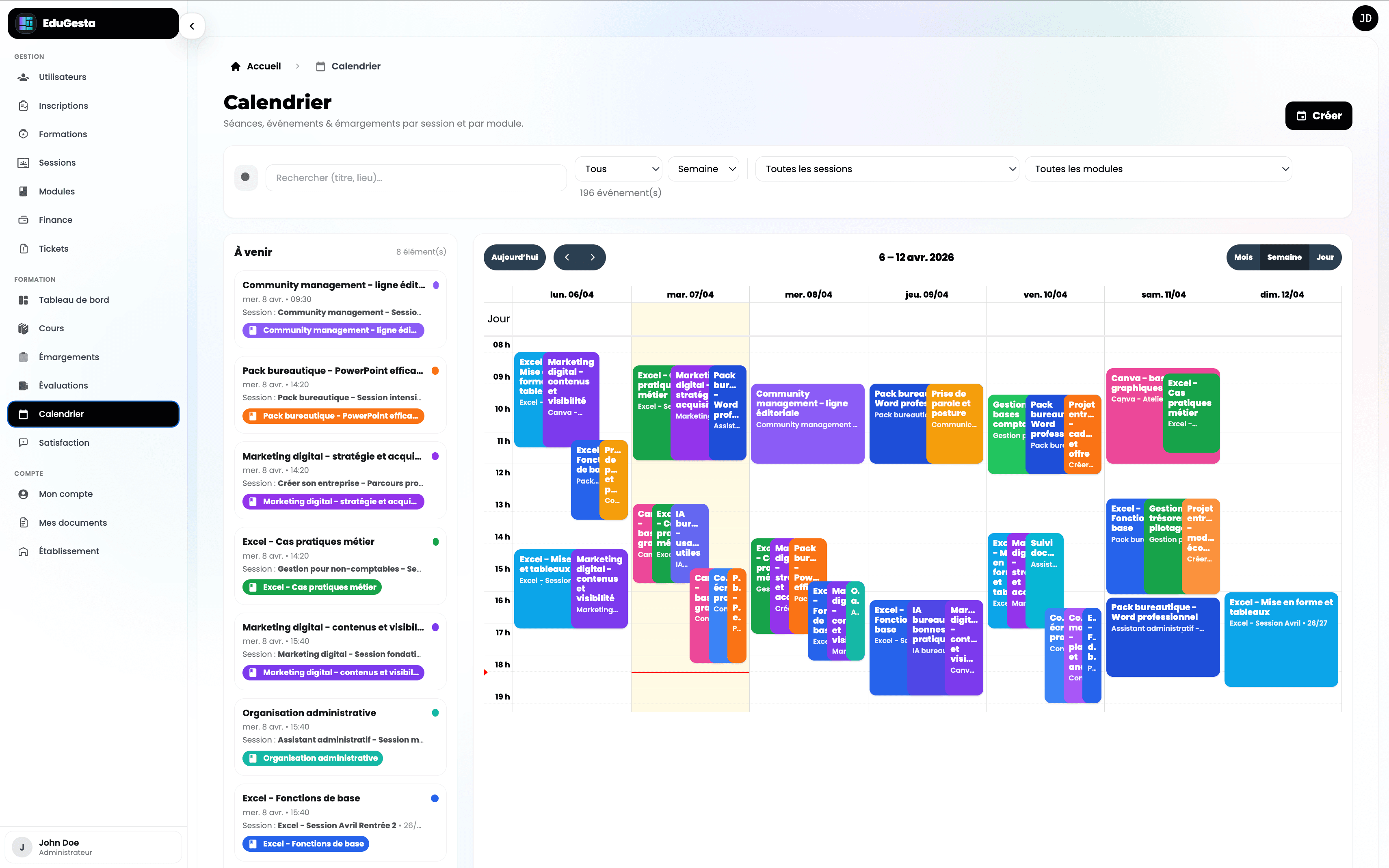 Aperçu du planning dans EduGesta