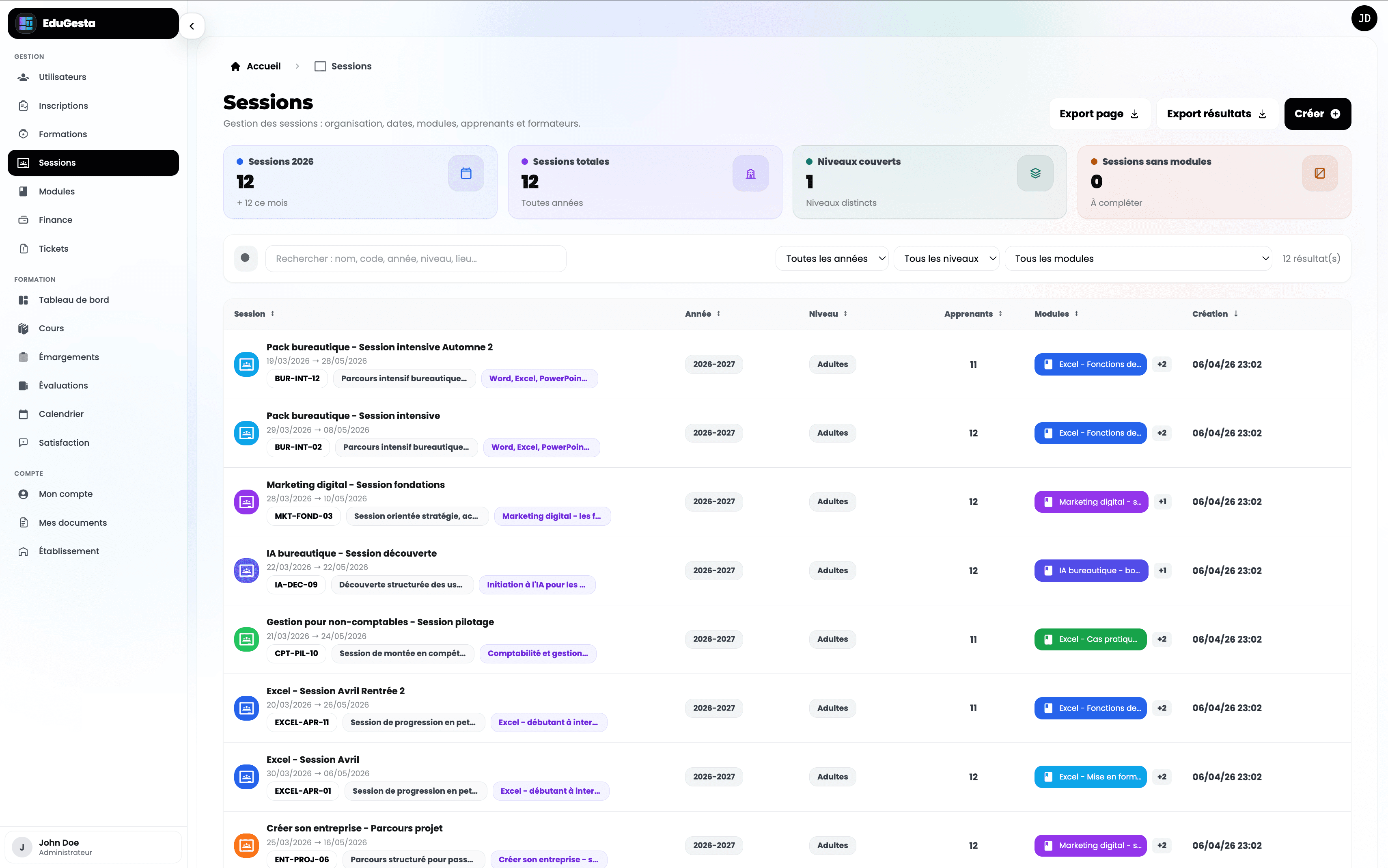 Affectations apprenants, intervenants et modules dans EduGesta