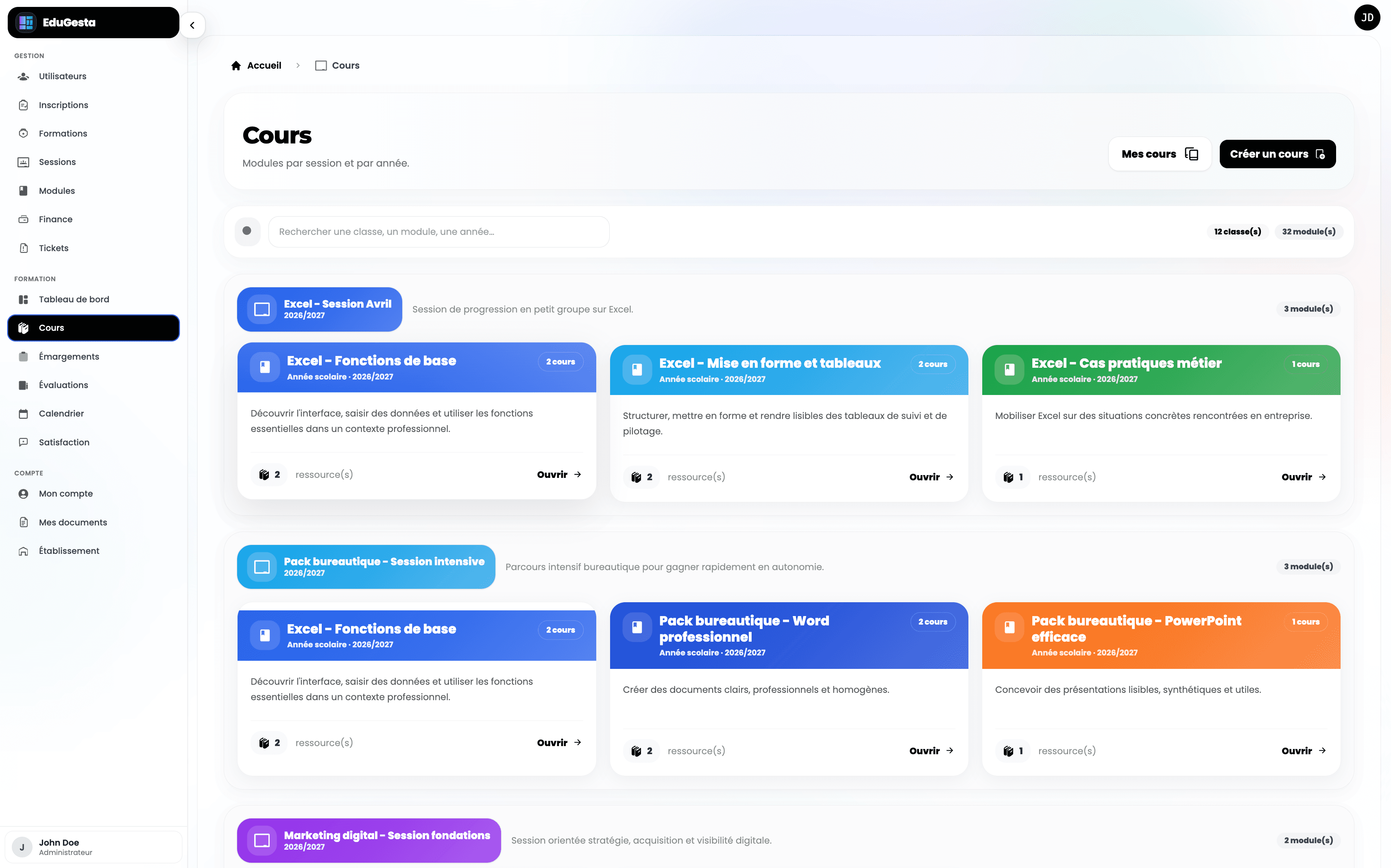 Aperçu du module ressources et documents dans EduGesta