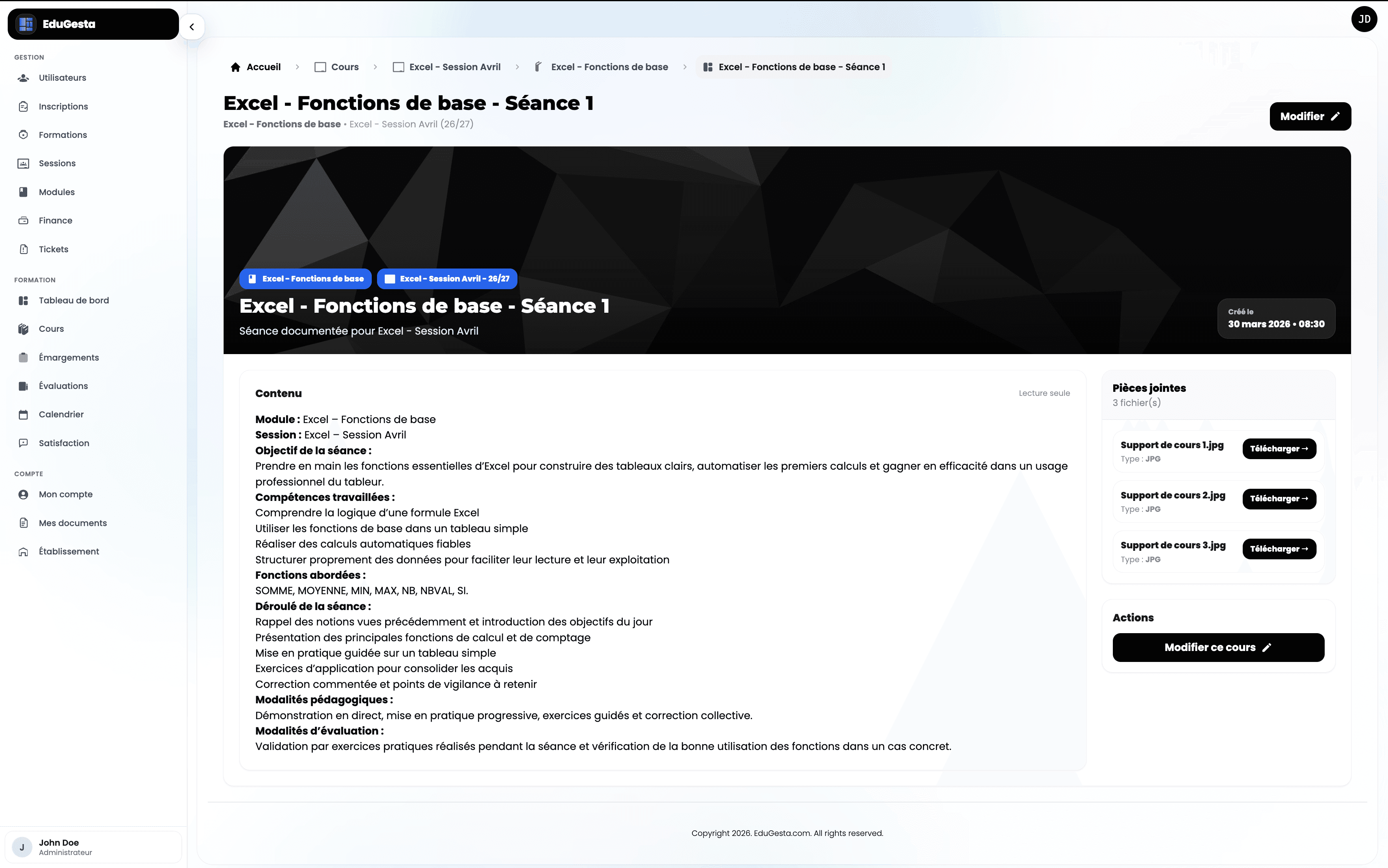 Aperçu du module LMS et documents dans EduGesta