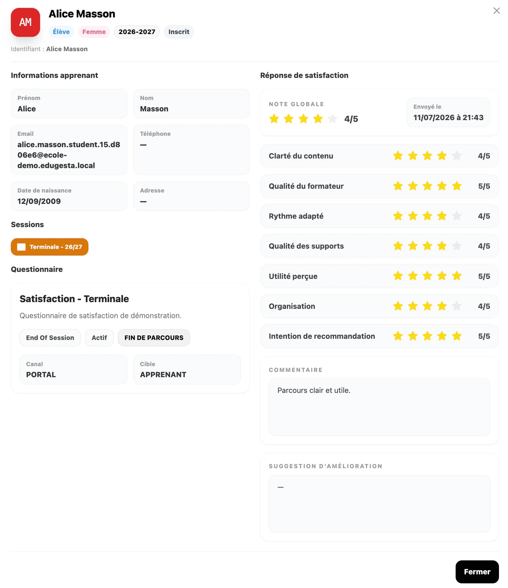 Analyse détaillée d’une réponse de satisfaction dans EduGesta