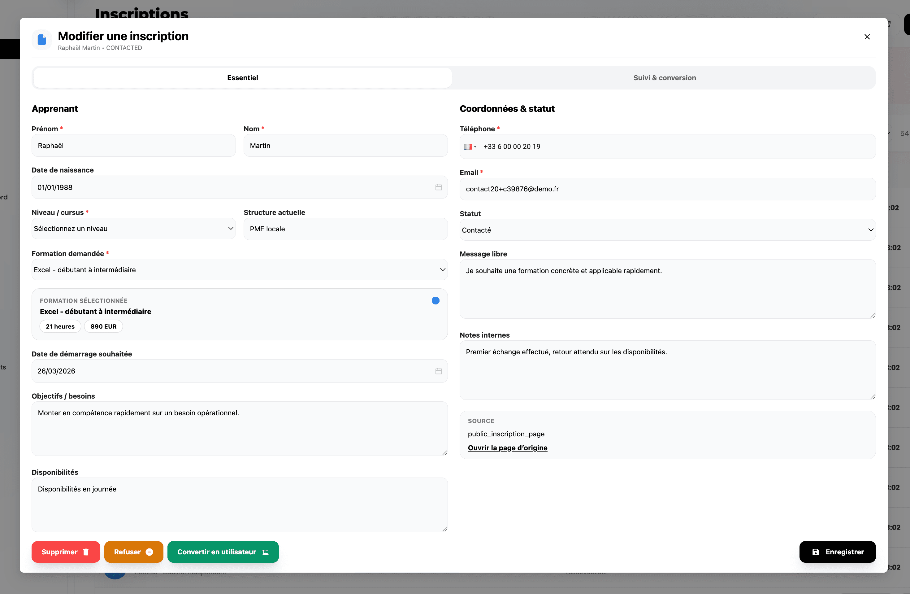 Suivi CRM des inscriptions et conversion dans EduGesta