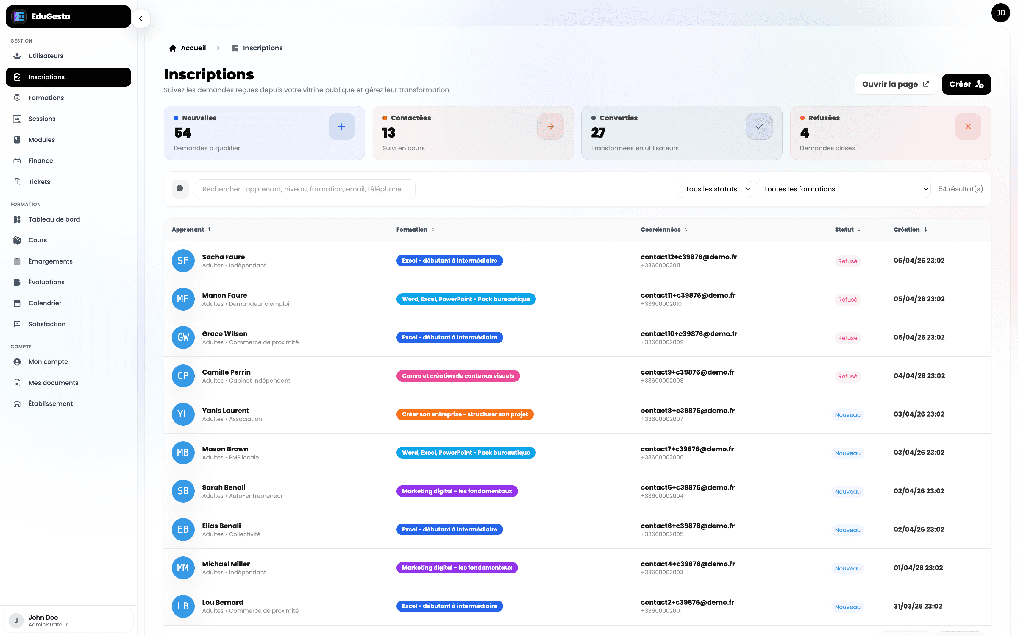 Page publique catalogue et formulaire d'inscription EduGesta