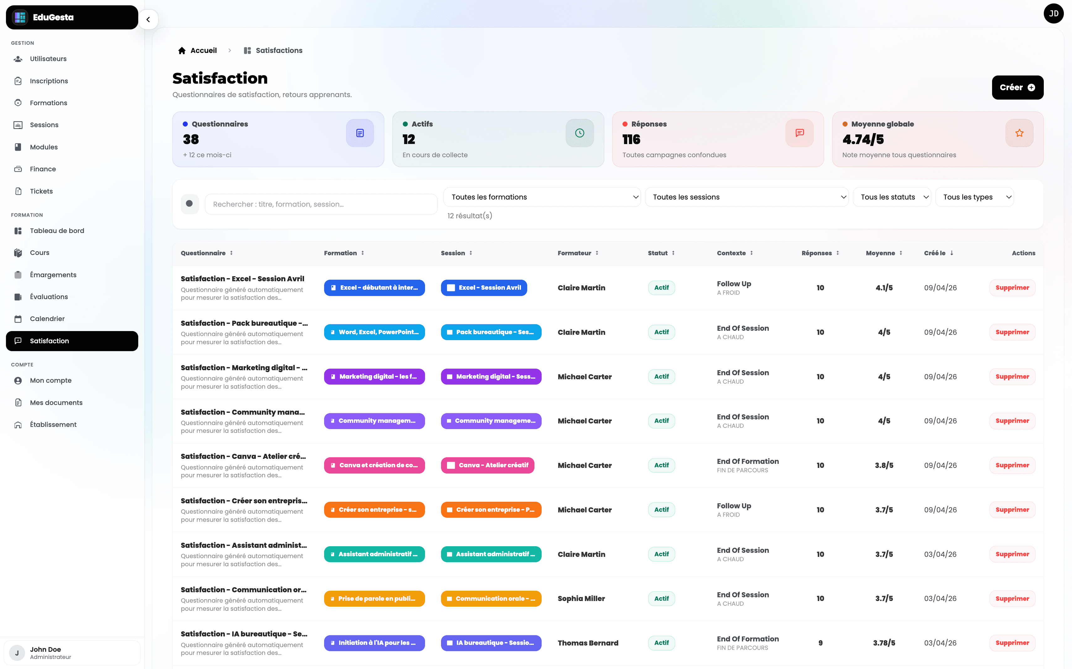 Aperçu du module questionnaires de satisfaction dans EduGesta