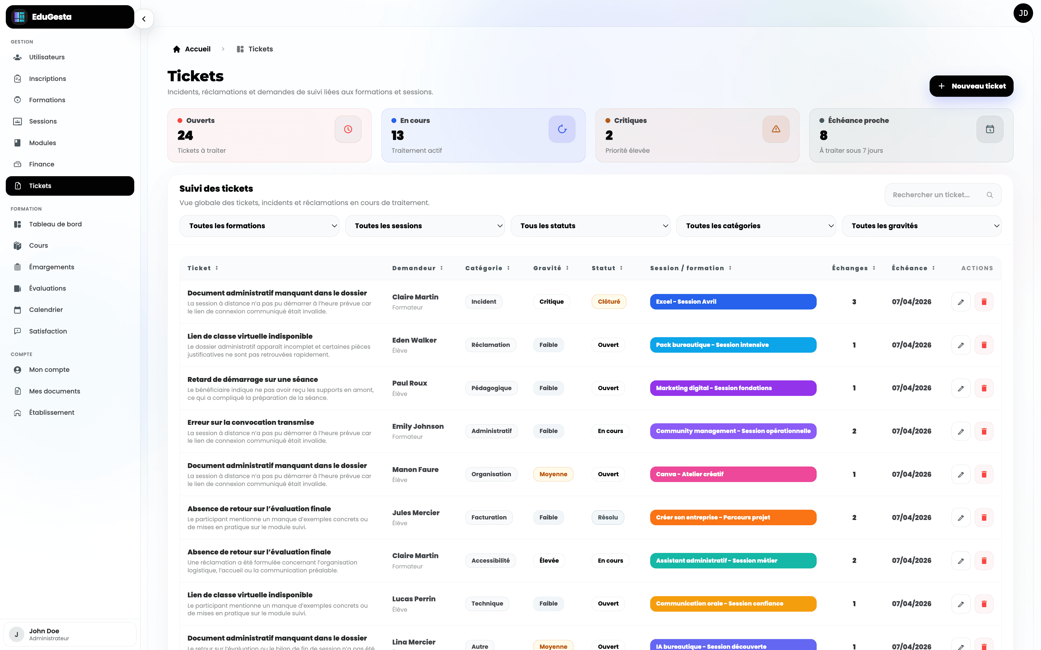 Aperçu du module incidents et réclamations dans EduGesta