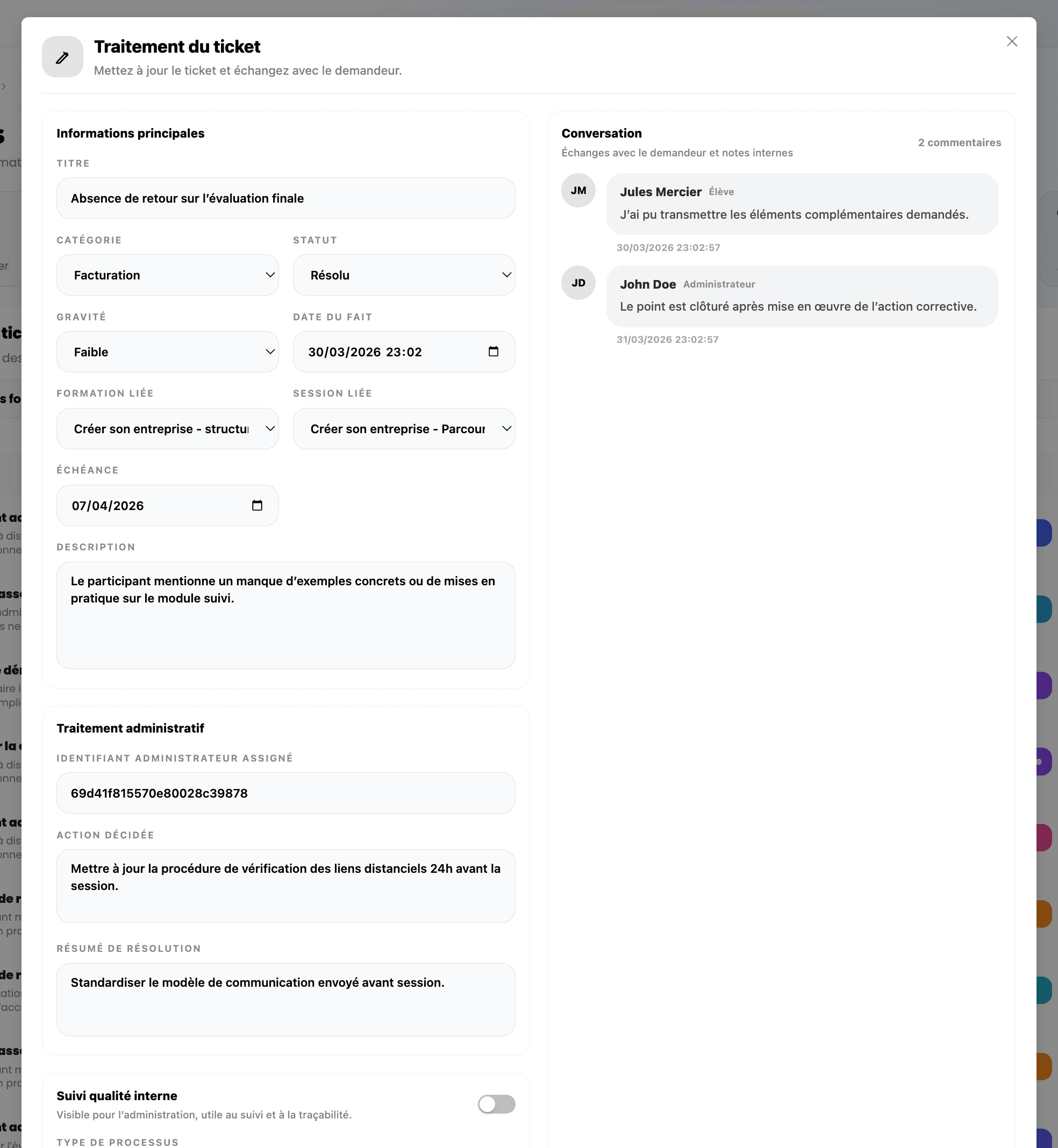 Vue détaillée d’un ticket dans EduGesta