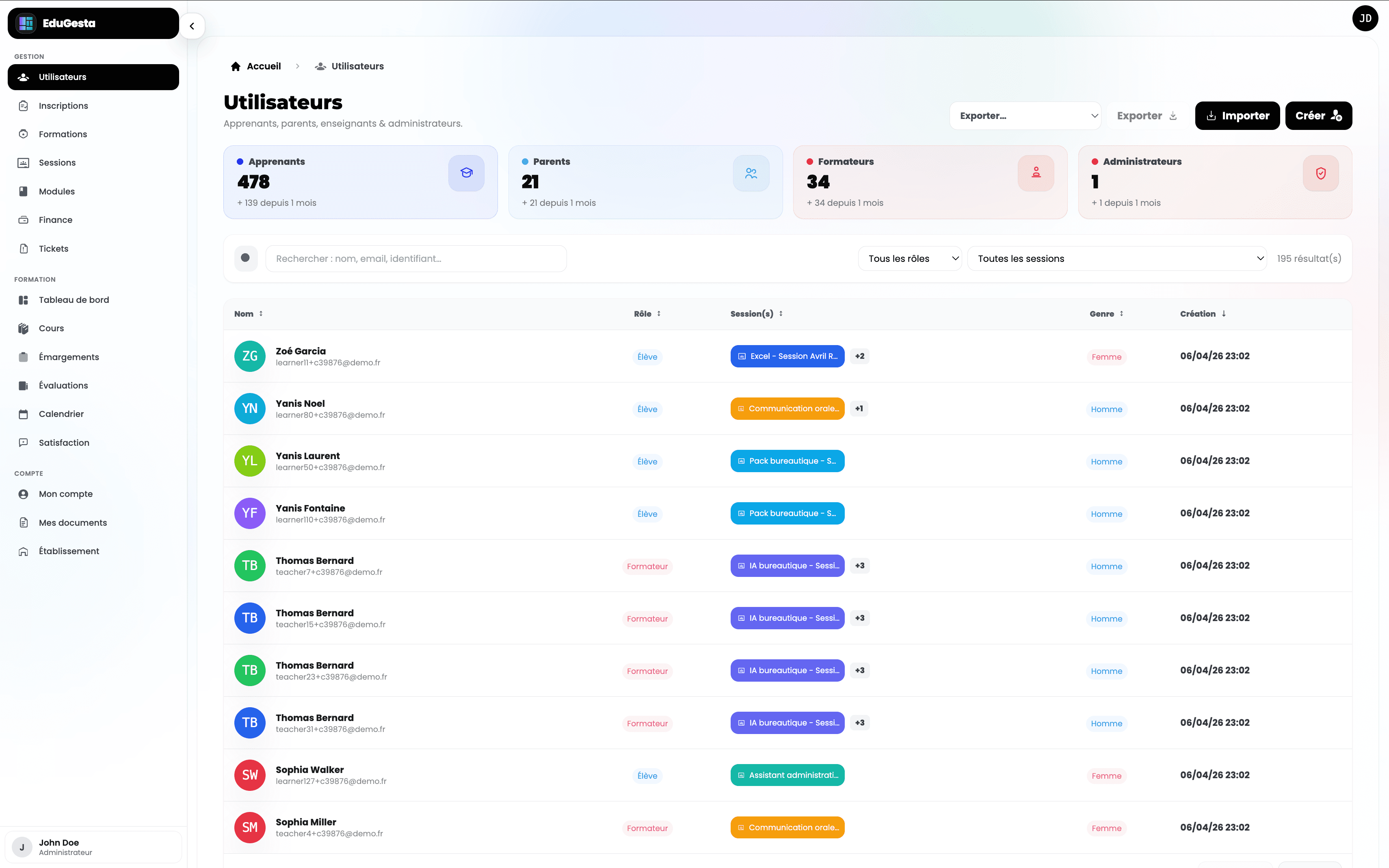 Aperçu du module apprenants et contacts dans EduGesta