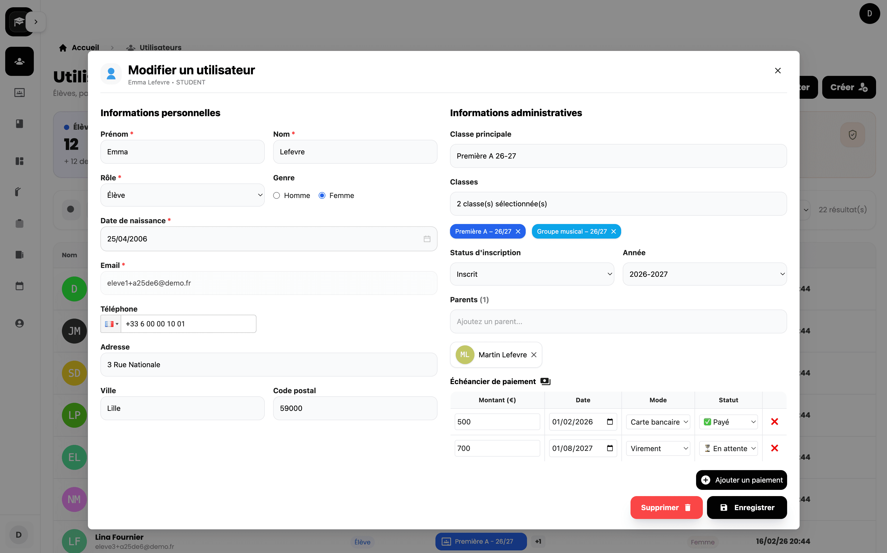 Aperçu du tableau de bord du CRM pour écoles