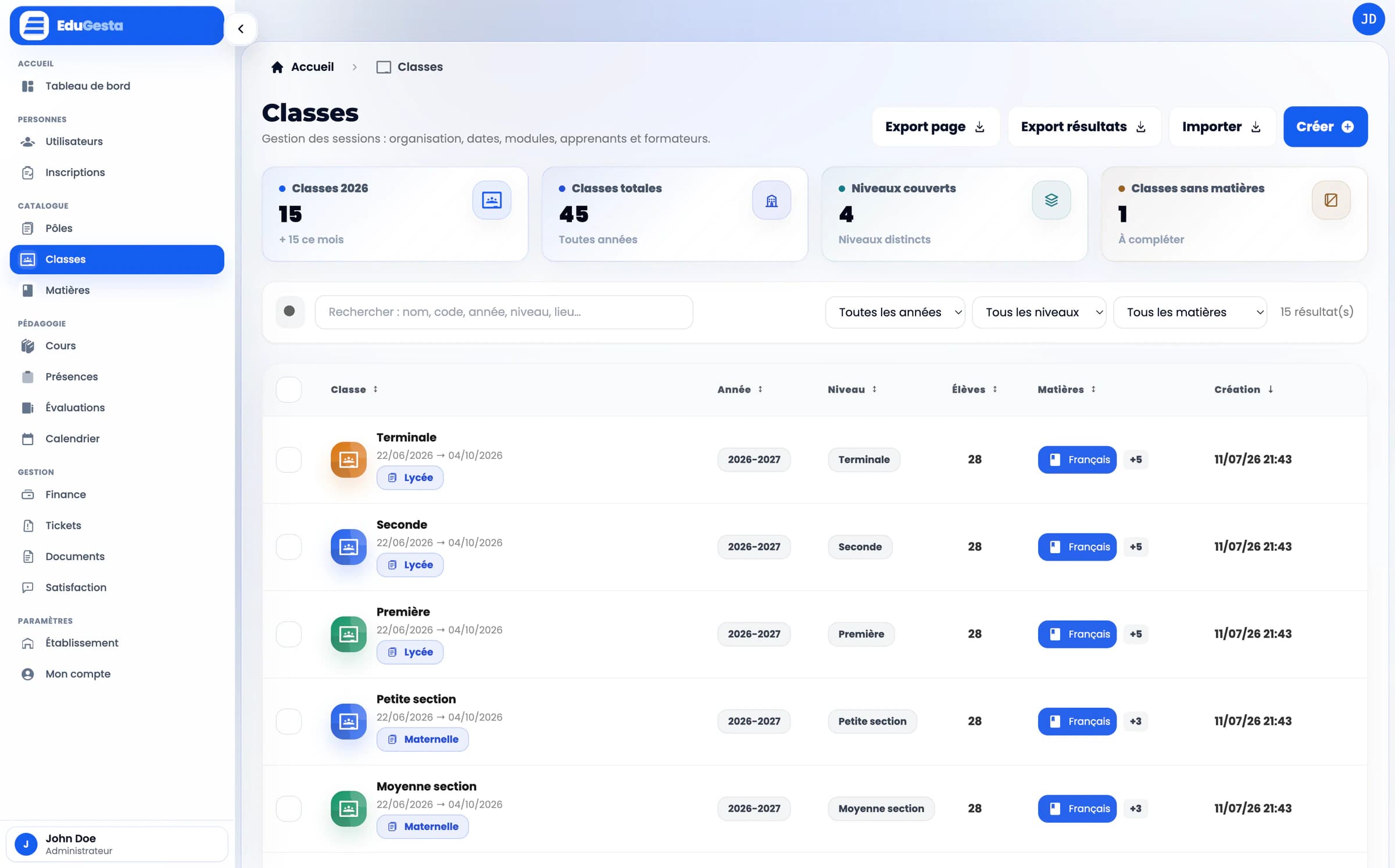 Liste des classes ou sessions dans EduGesta