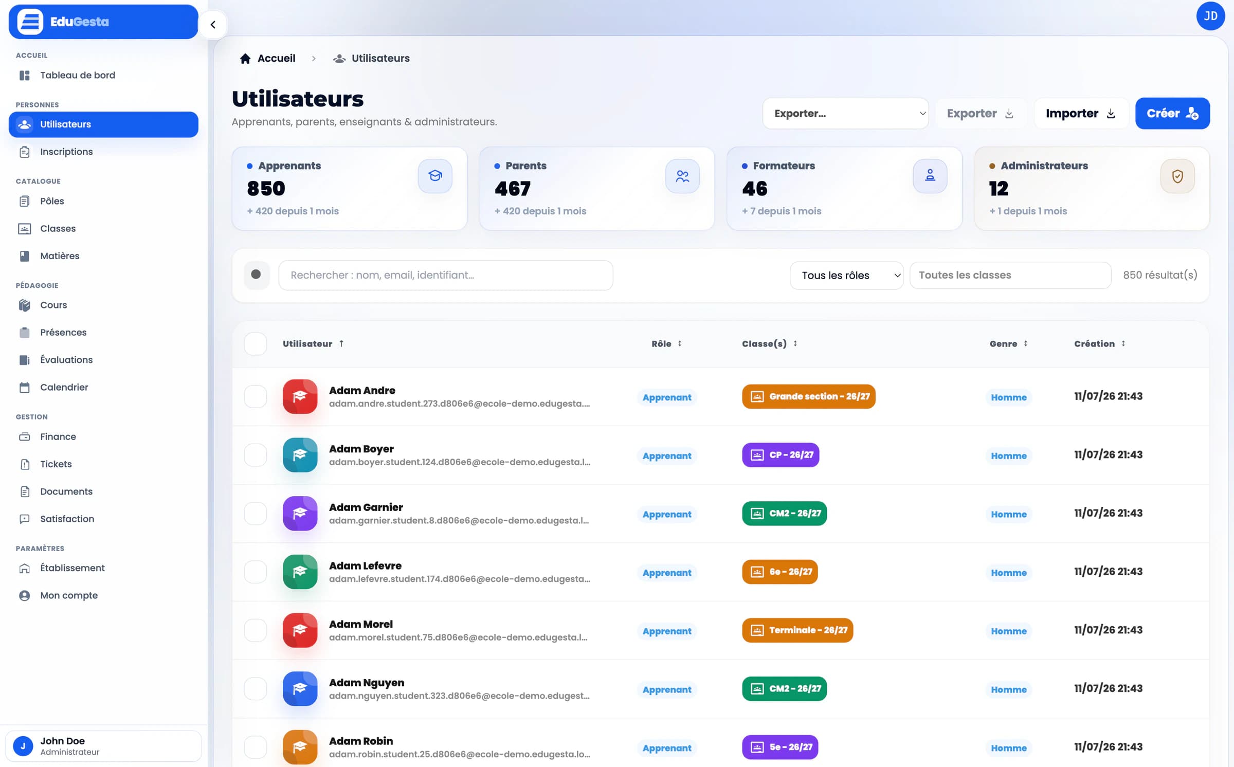 Liste des utilisateurs dans EduGesta avec recherche, filtres et actions