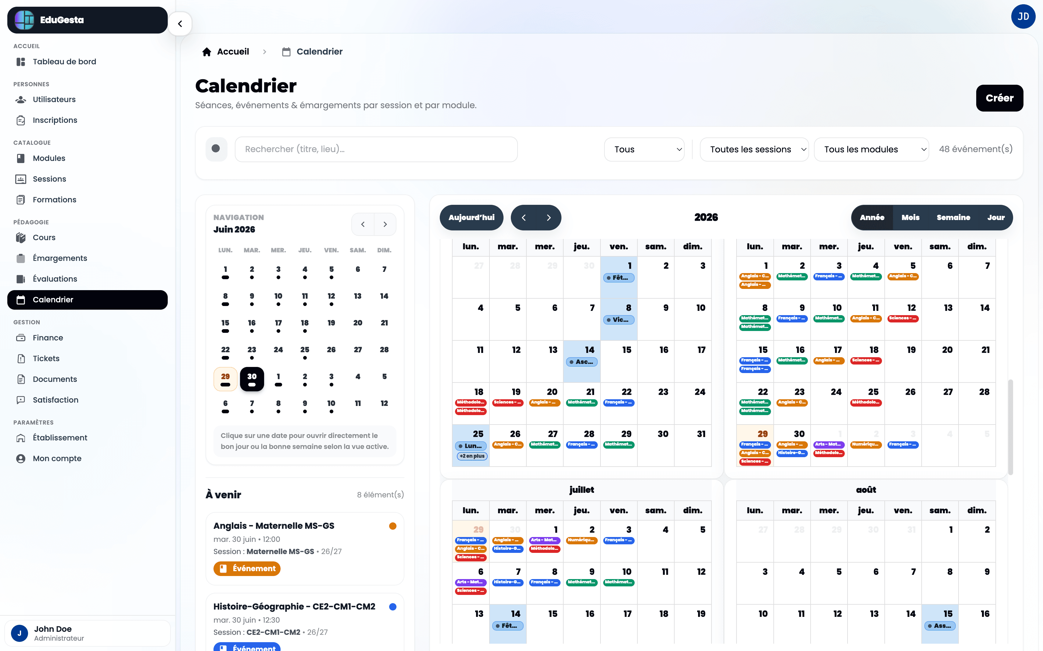 Aperçu du planning dans EduGesta