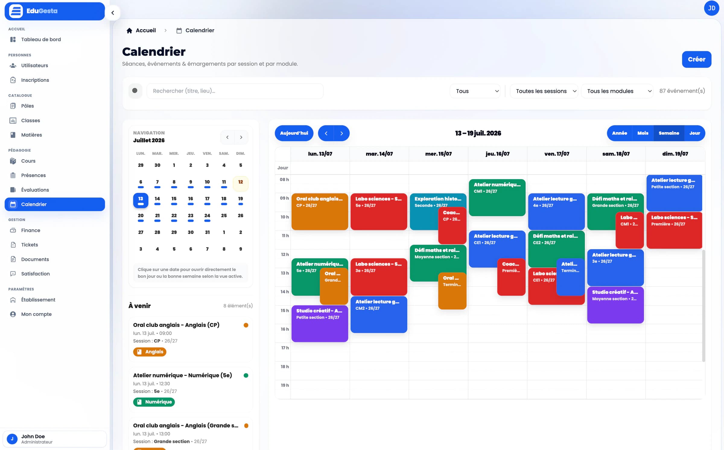 Planning partagé des classes et matières dans EduGesta