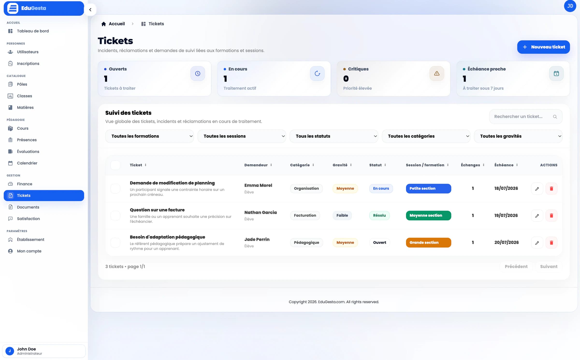 Liste des demandes et tickets suivis dans EduGesta