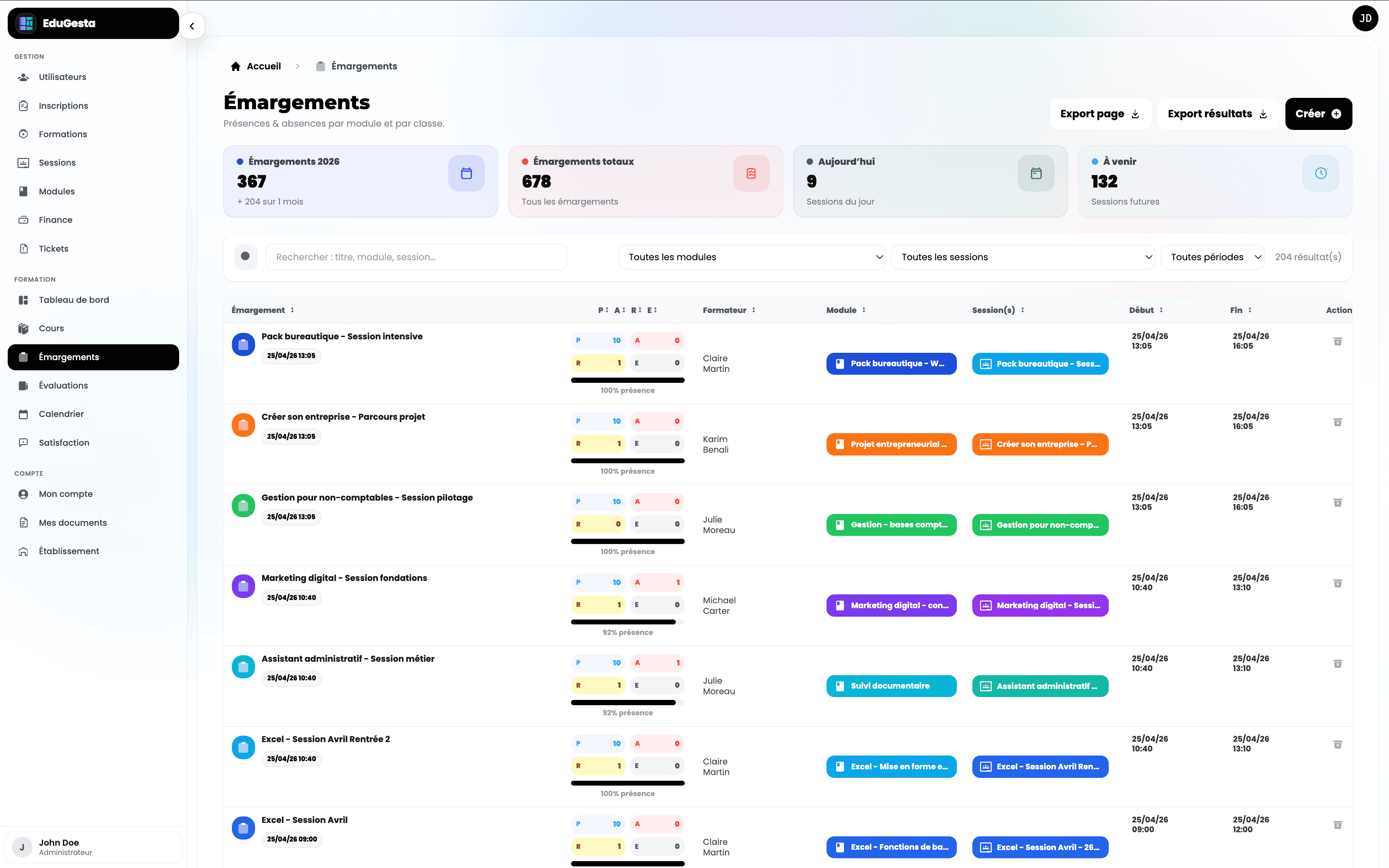 Aperçu du module de présences et émargements dans EduGesta