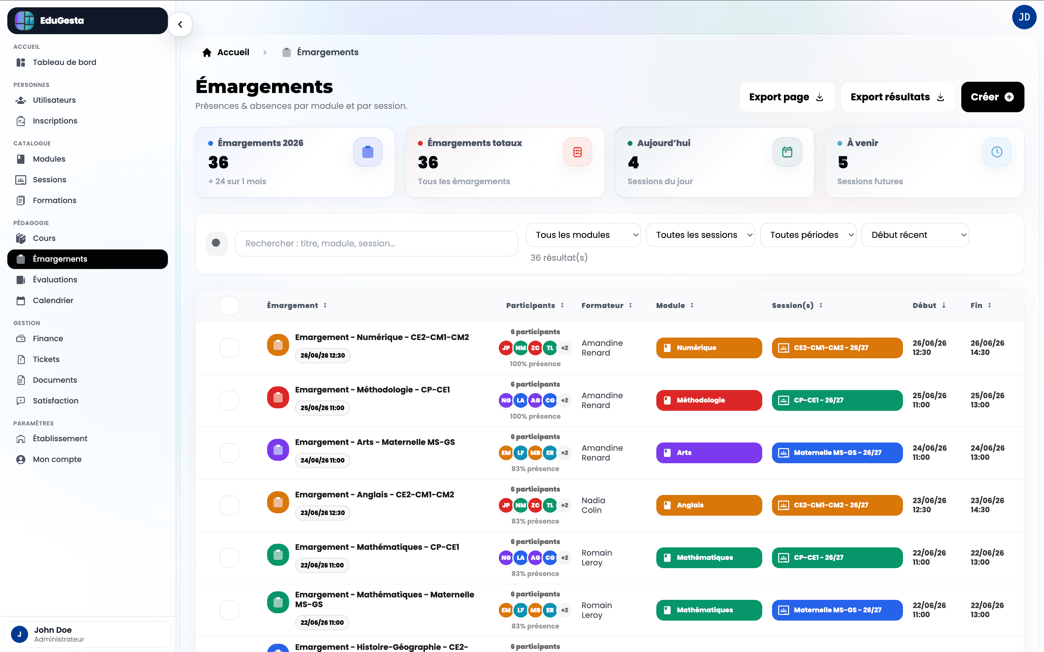 Aperçu du module de présences et émargements dans EduGesta