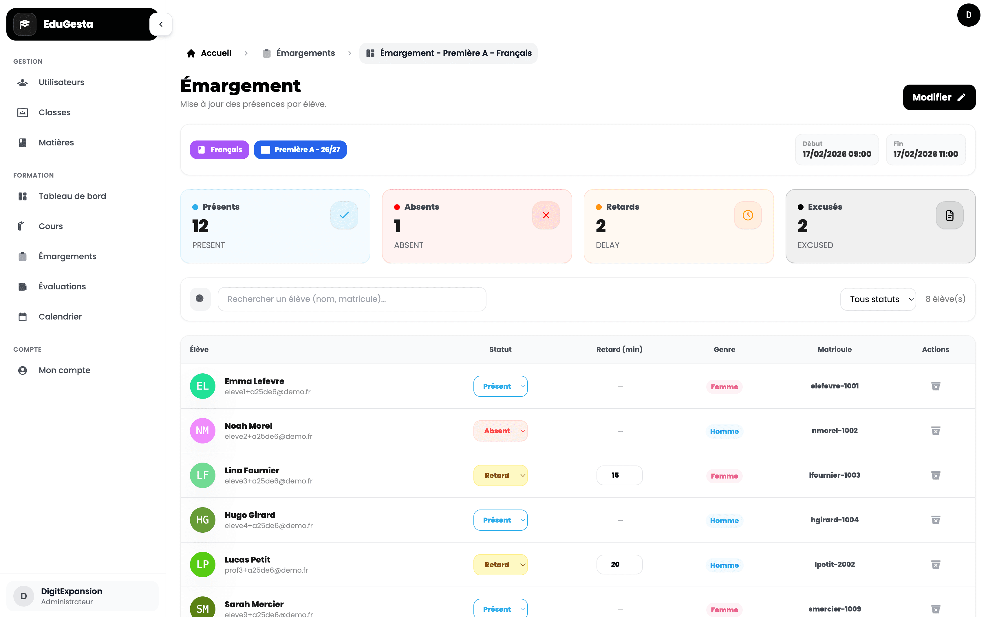 Aperçu du tableau de bord du CRM pour écoles