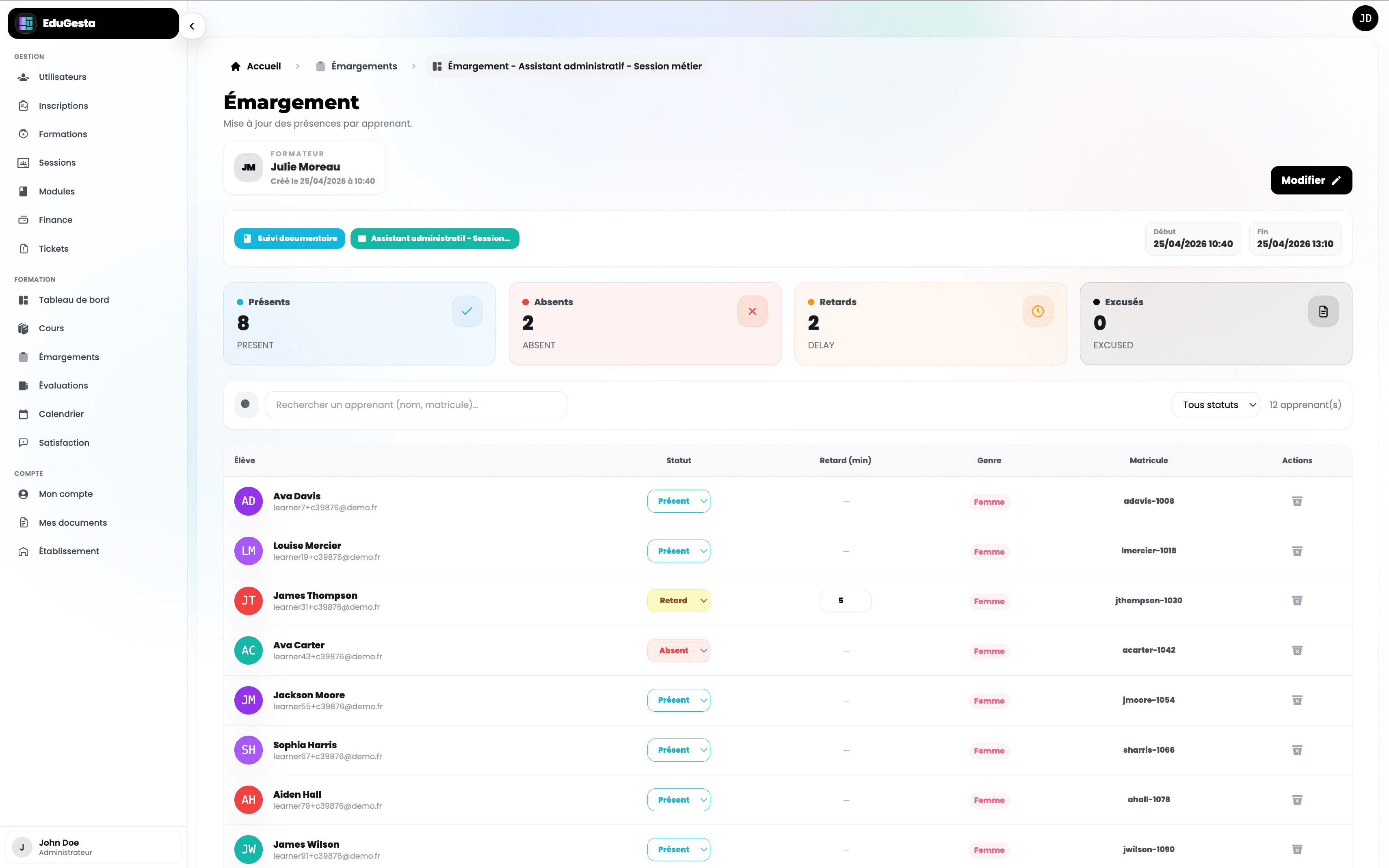 Vue d’un émargement dans EduGesta