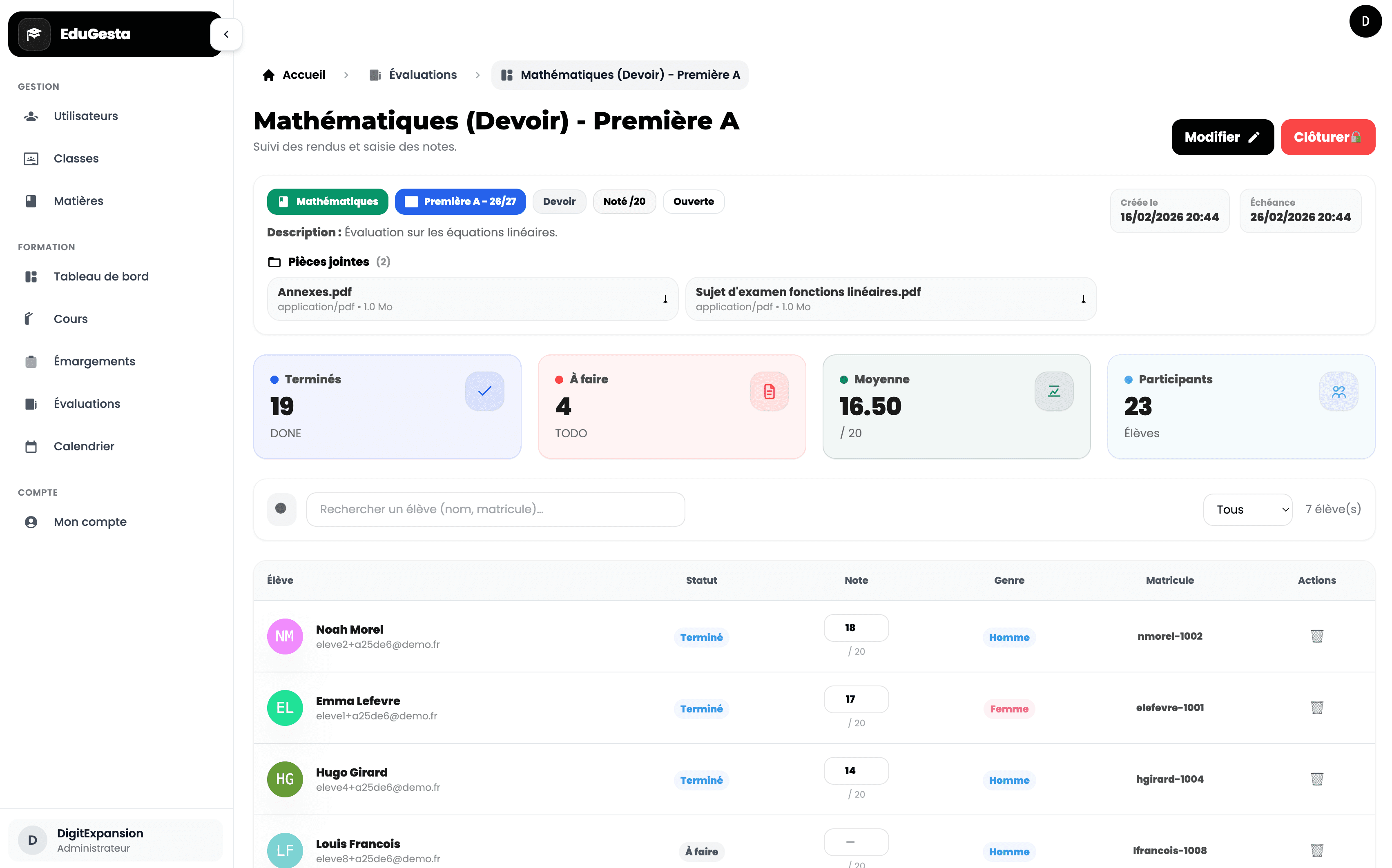 Aperçu du tableau de bord du CRM pour écoles