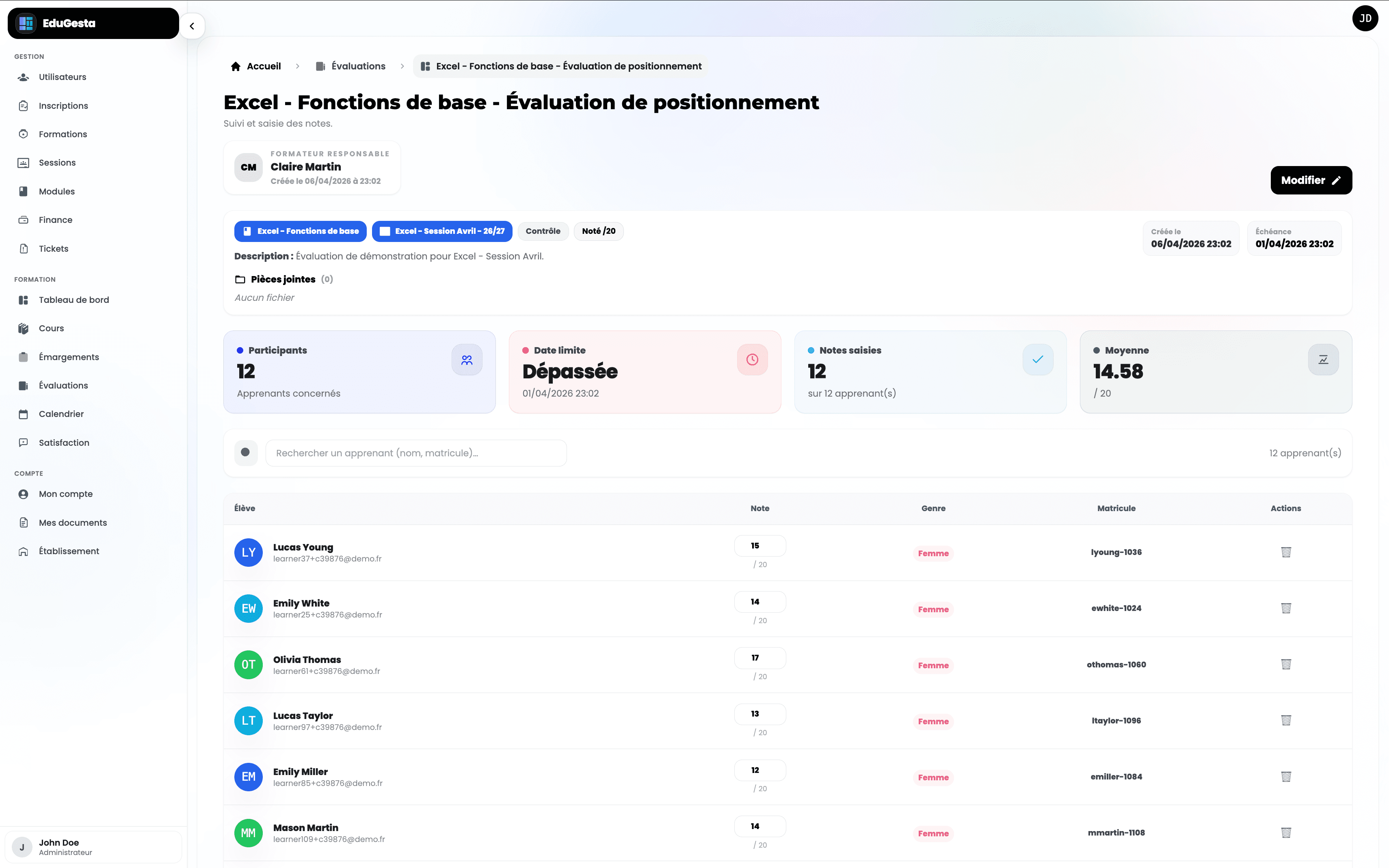 Vue de création d’une évaluation dans EduGesta