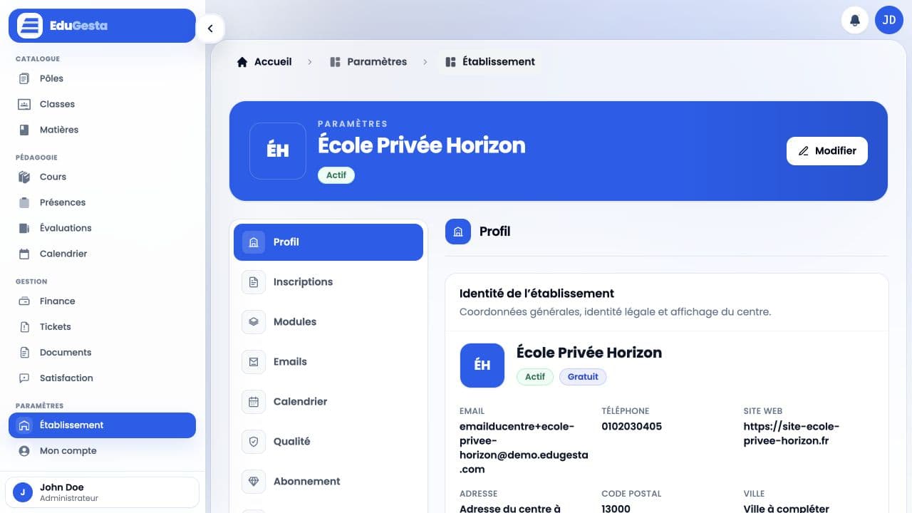 Écran de configuration d’un établissement dans EduGesta