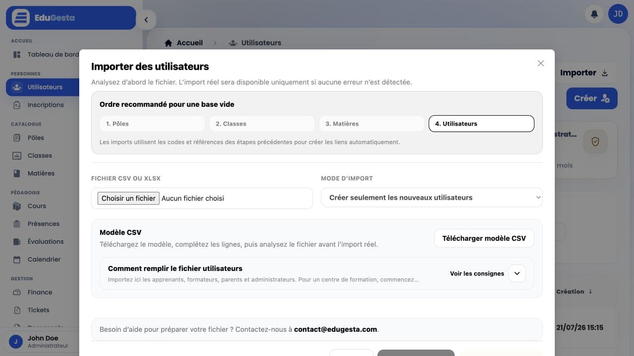 Fenêtre d’import des utilisateurs dans EduGesta avec ordre recommandé et analyse préalable